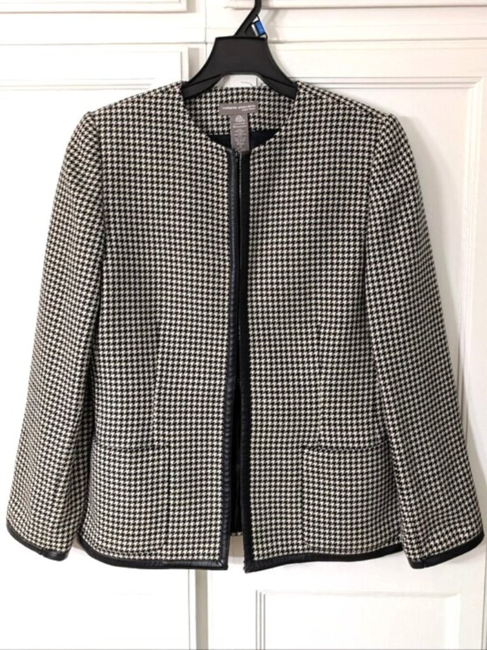 Vintage Valerie Stevens Houndstooth Wool Blazer Hook & Eye Leather Trim Size 12